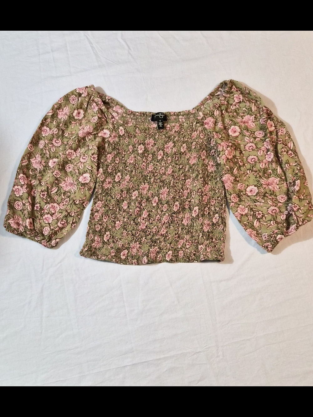 Jessica Simpson Floral Smocked Puff Sleeve Crop Top Women’s Size Small Boho